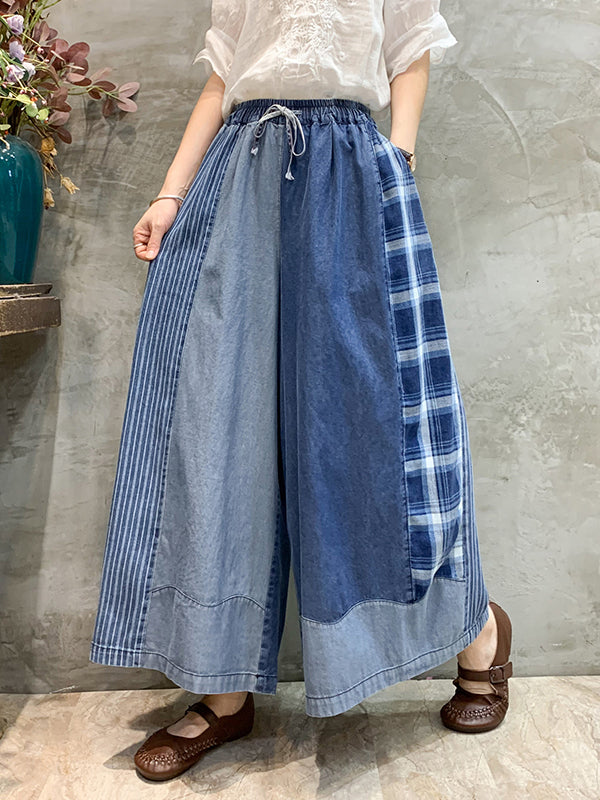 Loose  Drawstring Elasticity Plaid Split-Joint Ninth Jean Pants Bottoms