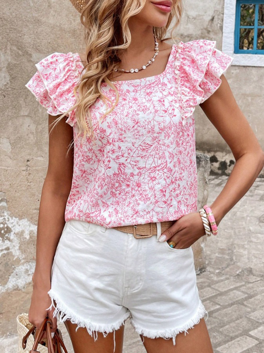 Ruffle Sleeves Short Sleeves Backless Bow-Embellished Flower Print Pleated Square-Neck Blouses&Shirts Tops