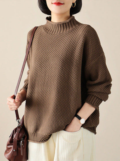 Casual Loose Long Sleeves Solid Color High-Neck Sweater Tops DEEP KHAKI One_size
