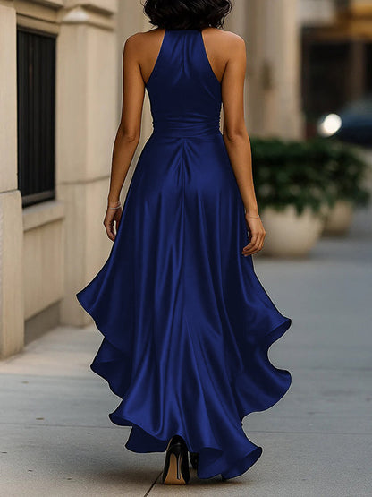 High-Low Loose Ruffle Trim Solid Color Tied Waist V-Neck Maxi Dresses