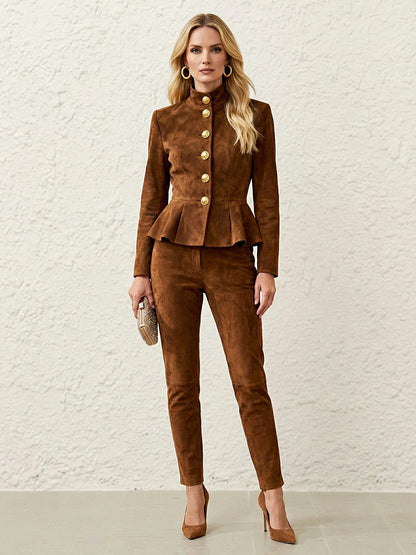 Elasticated Waist High Waisted Buttoned Contrast Color Ruffled Split-Joint Stand Collar Blazer Blouses&Shirts Tops