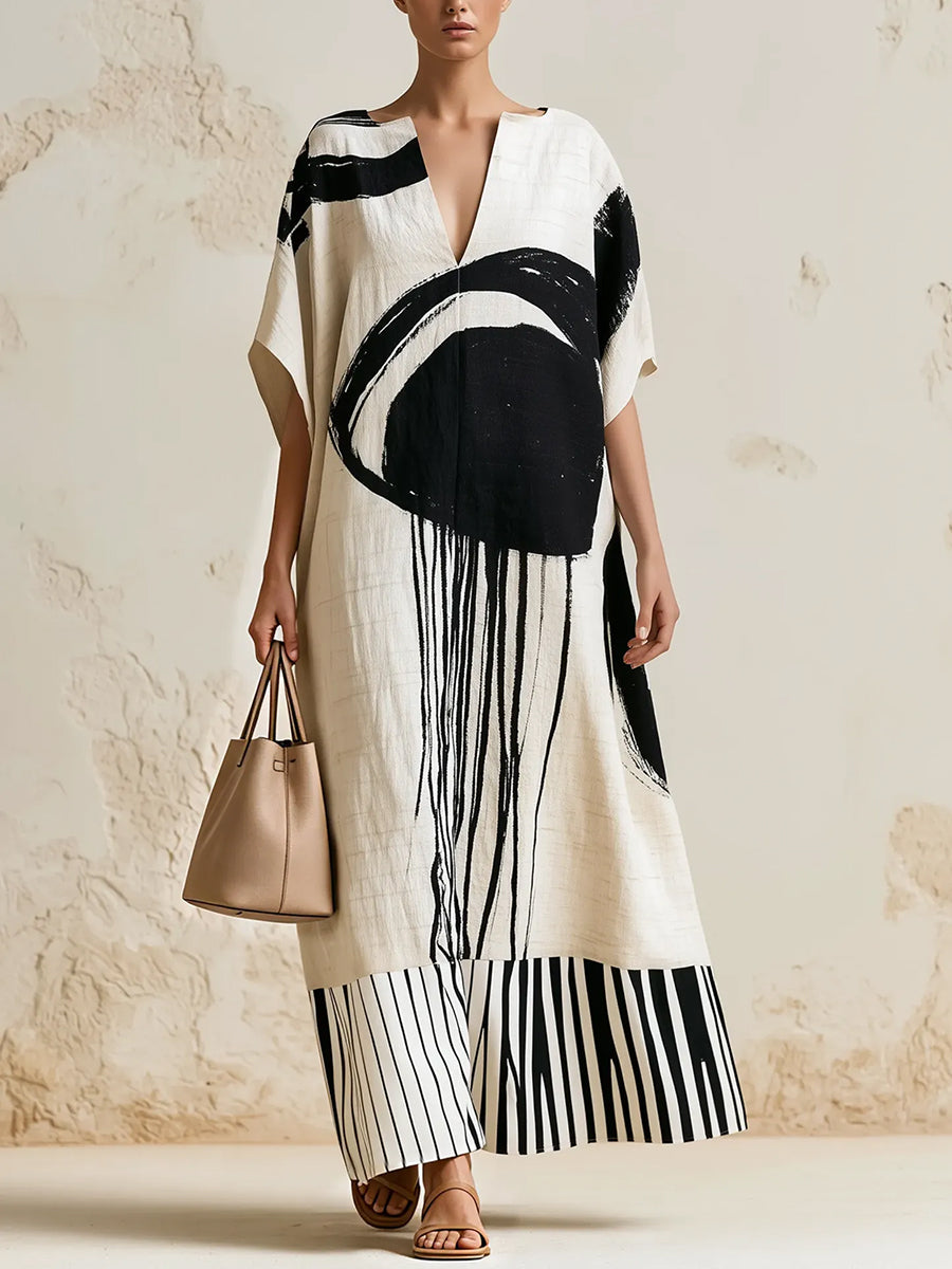 Striped Split-Joint Printed Contrast Color Short Sleeves Loose V-neck Maxi Dresses