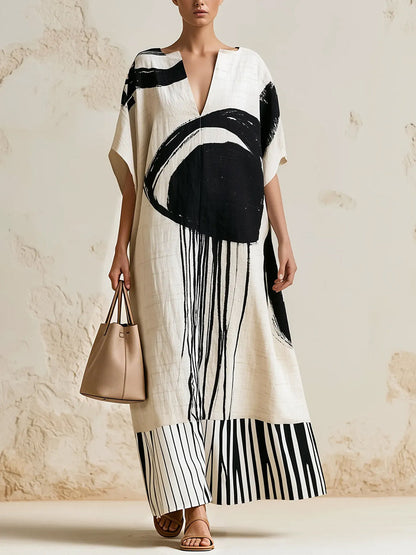 Striped Split-Joint Printed Contrast Color Short Sleeves Loose V-neck Maxi Dresses