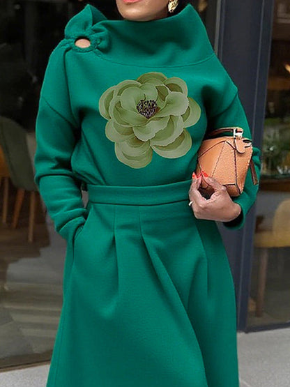 Long Sleeves Loose Flower Print Hollow Mock Neck Sweatshirt Tops