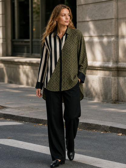 Striped Split-Joint Polka-Dot Buttoned Asymmetric Loose Long Sleeves Lapel Blouses&shirts Tops