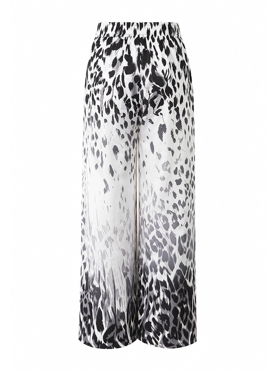 Pockets Leopard Gradient Elasticity Wide Leg Loose Wide Leg Pants Trousers