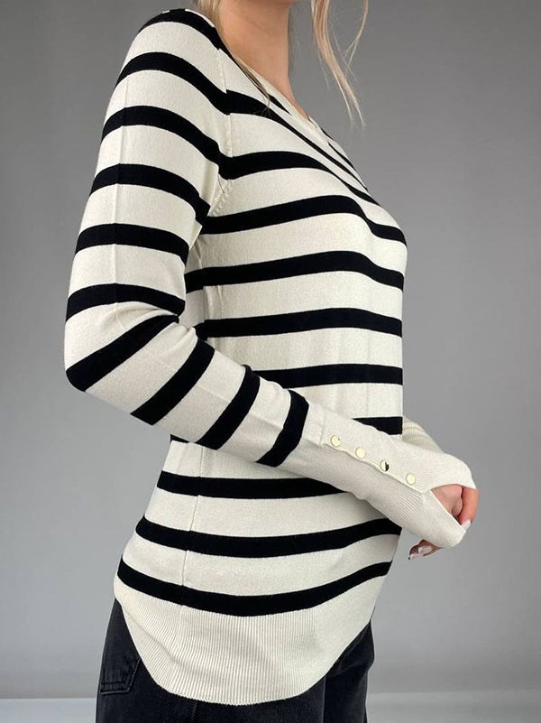 Long Sleeves Buttoned Contrast Color Striped Round-Neck Sweater Tops