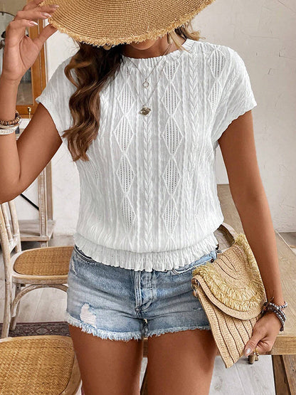 Loose Raglan Sleeve Elasticity Hollow Jacquard Solid Color Round-Neck T-Shirts Tops