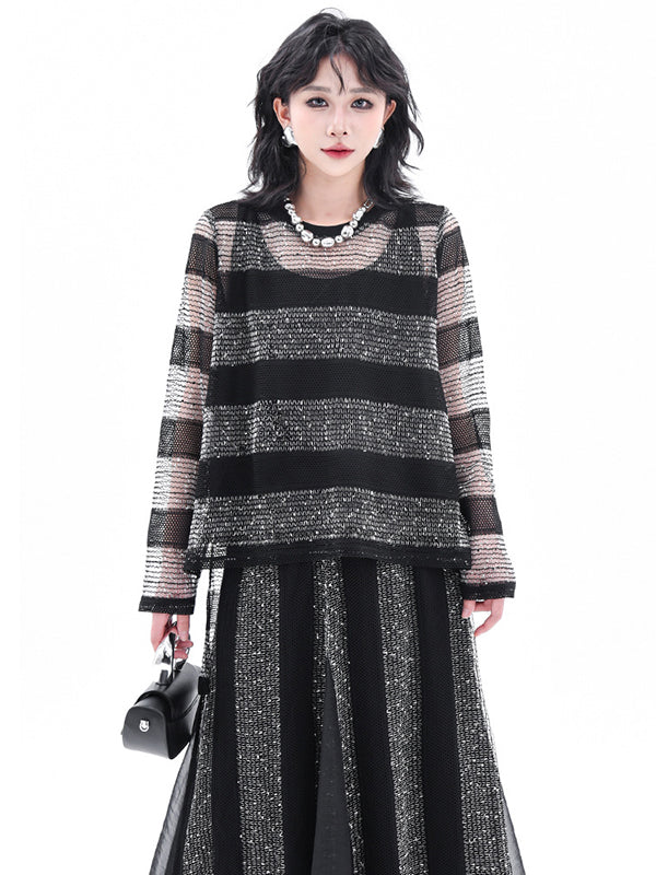 Striped Contrasting Color Elastic Round-Neck  Long-Sleeved See-Through Blouses&Shirts Tops+ Skirt Bottom Two Pieces Set