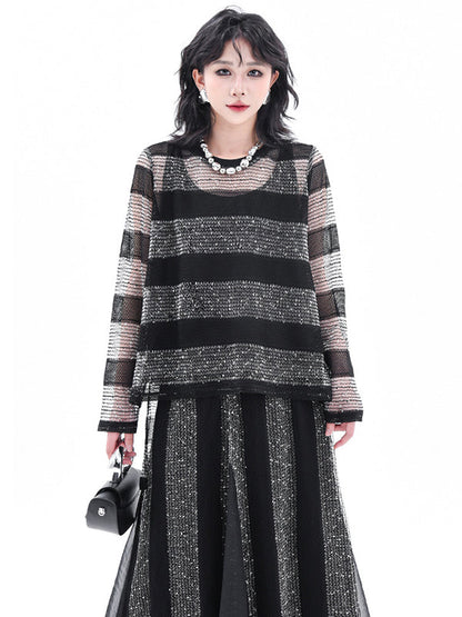 Striped Contrasting Color Elastic Round-Neck  Long-Sleeved See-Through Blouses&Shirts Tops+ Skirt Bottom Two Pieces Set
