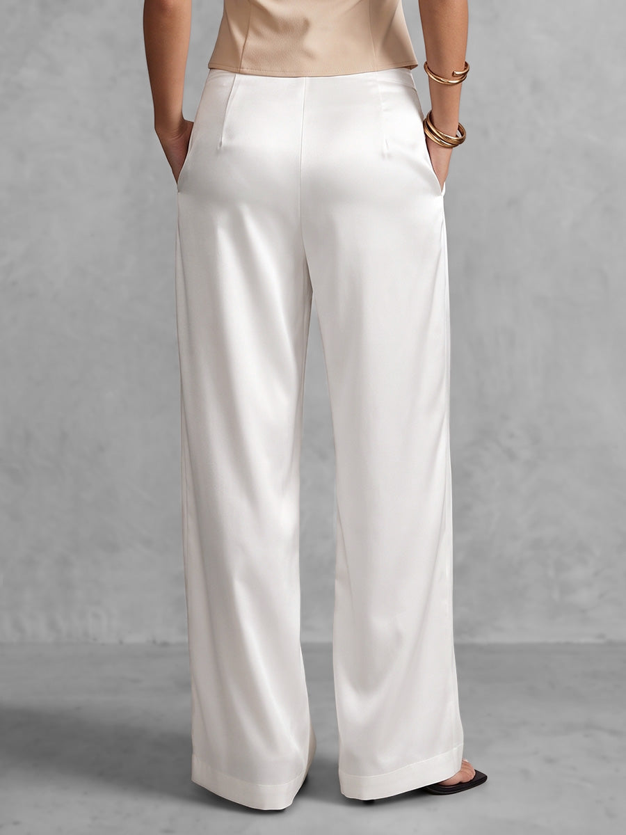 High Waisted Loose Pockets Solid Color Zipper Pants Trousers