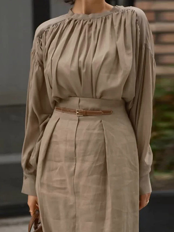 Long Sleeves Pleated Solid Color Split-Joint Round-Neck Blouses&Shirts Tops