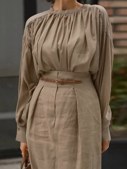 Long Sleeves Pleated Solid Color Split-Joint Round-Neck Blouses&Shirts Tops