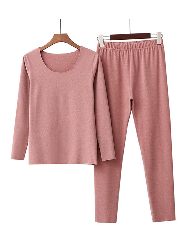 2PCS Plus Size Solid Color Round-Neck Top&Bottom Pajama Set