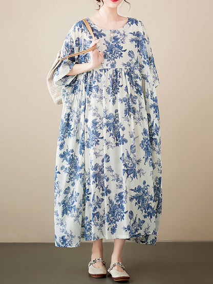 Loose Short Sleeves Floral Printed Pleated Split-Joint Round-Neck Midi Dresses