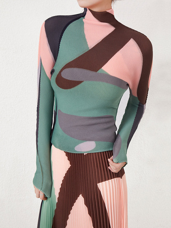 T-Shirts mit langen Ärmeln und kontrastfarbenem, plissiertem Stehkragen 