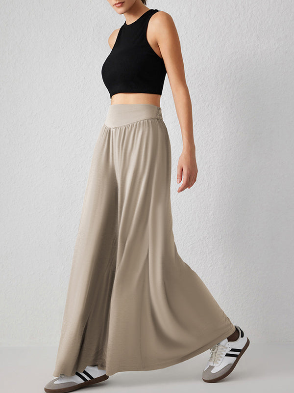 High Waisted Loose Pleated Pockets Solid Color Split-Joint Pants Trousers