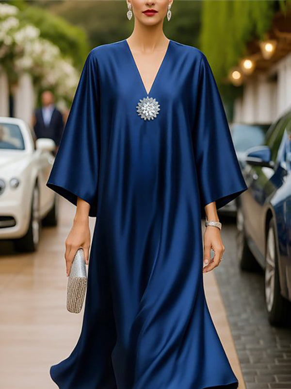 Loose Three-Quarter Sleeves Solid Color V-Neck Midi Dresses