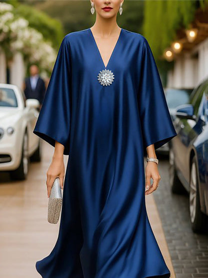 Loose Three-Quarter Sleeves Solid Color V-Neck Midi Dresses