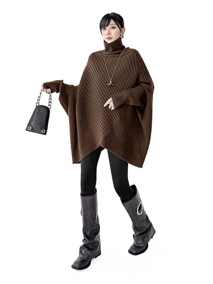 Batwing Sleeves Irregularity Asymmetric Ribbed Knit Solid Color Split-Joint High Neck Sweater Tops