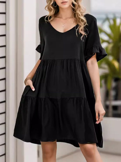 A-Line Flared Sleeves Pleated Pockets Ruffled Solid Color Split-Joint Round-Neck Mini Dresses
