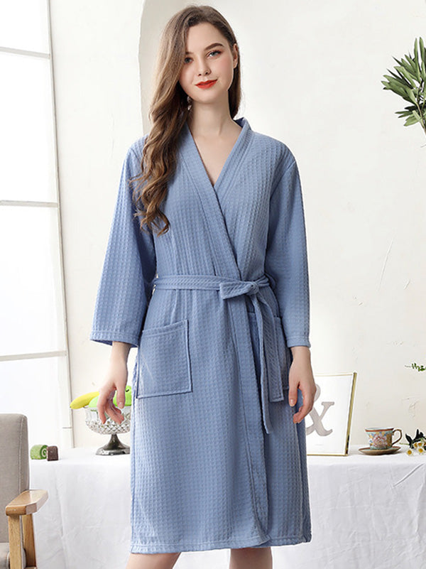 Comfortable Solid Bandage Thin Pajama Robe HAZE BLUE Women