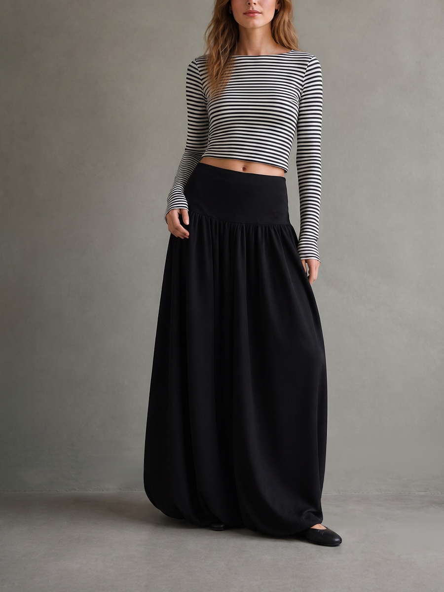 Solid Color Pleated Elasticity Loose High Waisted Skirts Bottoms