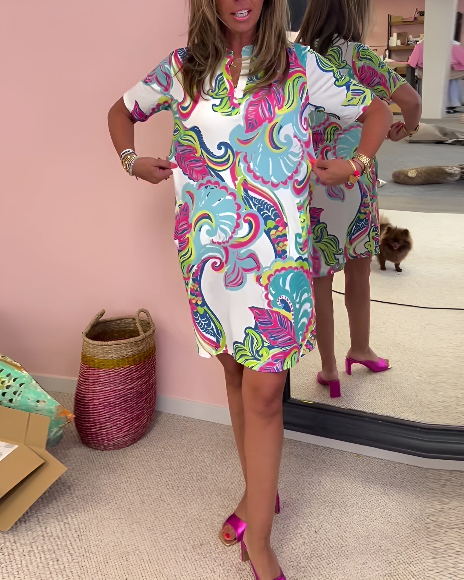 Piper | Women's V Neck Tummy Control Printed Draped Dress Casual Summer