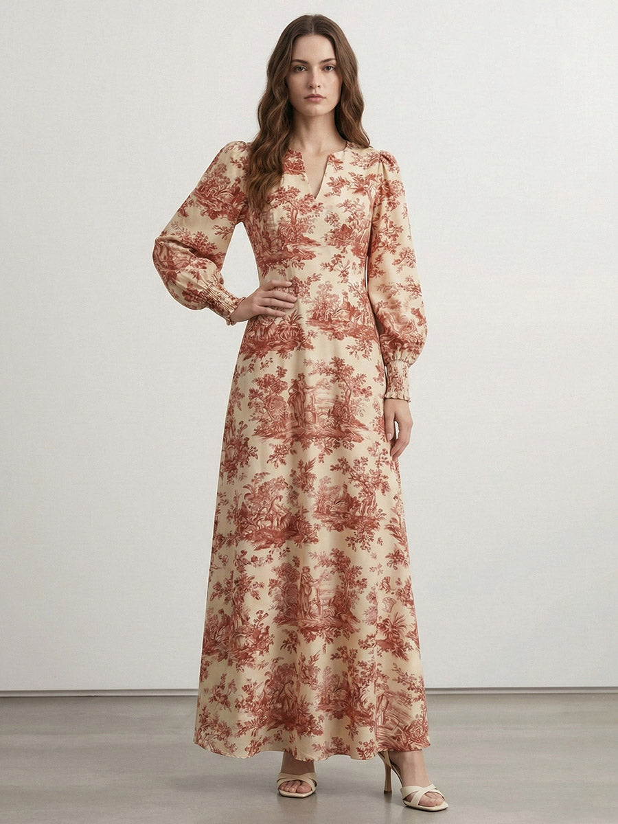 Elasticated Waist High Waisted Contrast Color Pleated Printed Split-Joint V-Neck Maxi Dresses