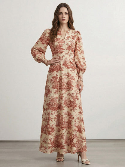 Elasticated Waist High Waisted Contrast Color Pleated Printed Split-Joint V-Neck Maxi Dresses