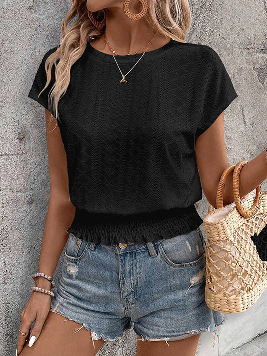 Loose Short Sleeves Elasticity Hollow Jacquard Solid Color Round-Neck T-Shirts Tops