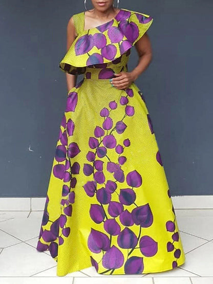 A-Line Sleeveless Asymmetric Printed Split-Joint Asymmetric Collar Evening Dresses Maxi Dresses