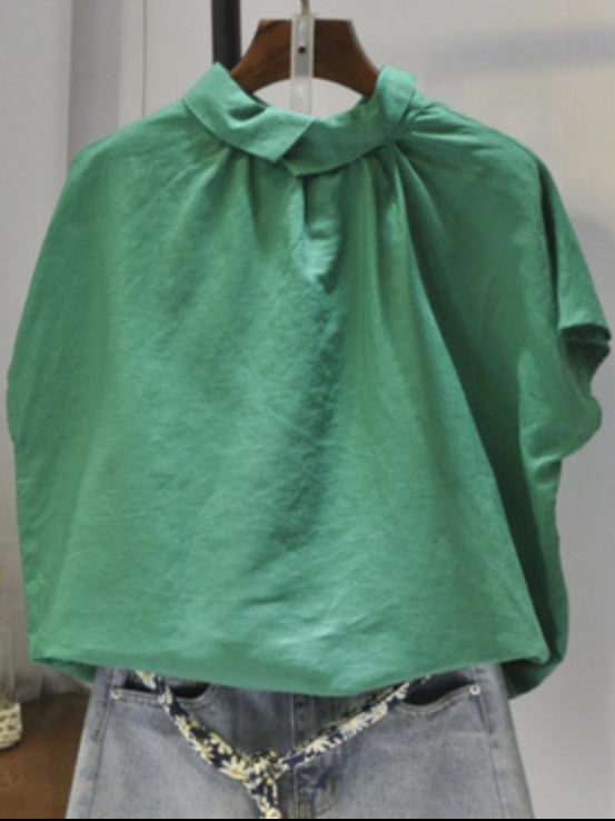 Künstlerische Retro-Blusen und Hemden mit kurzen Ärmeln, locker, plissiert, einfarbig 