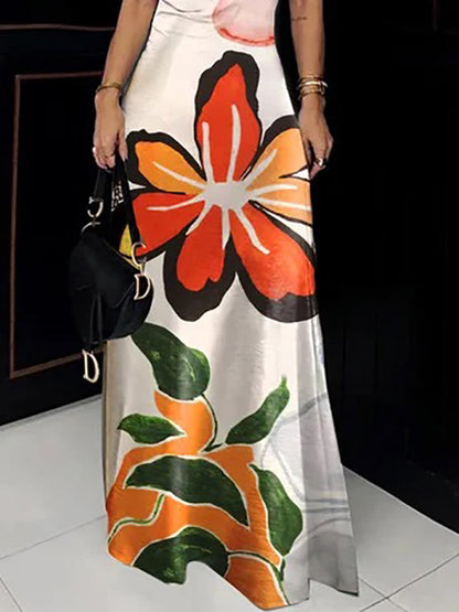 Bodycon Short Sleeves Flower Print Hollow Cold Shoulder Maxi Dresses