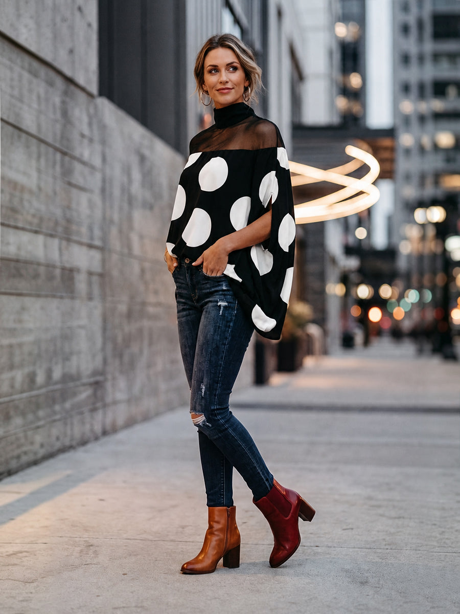 Split-Joint See-Through Polka-Dot Contrast Color Loose Cape High-neck Blouses&shirts Tops