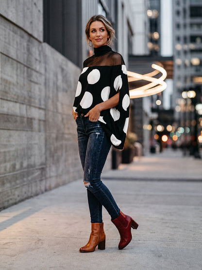 Split-Joint See-Through Polka-Dot Contrast Color Loose Cape High-neck Blouses&shirts Tops