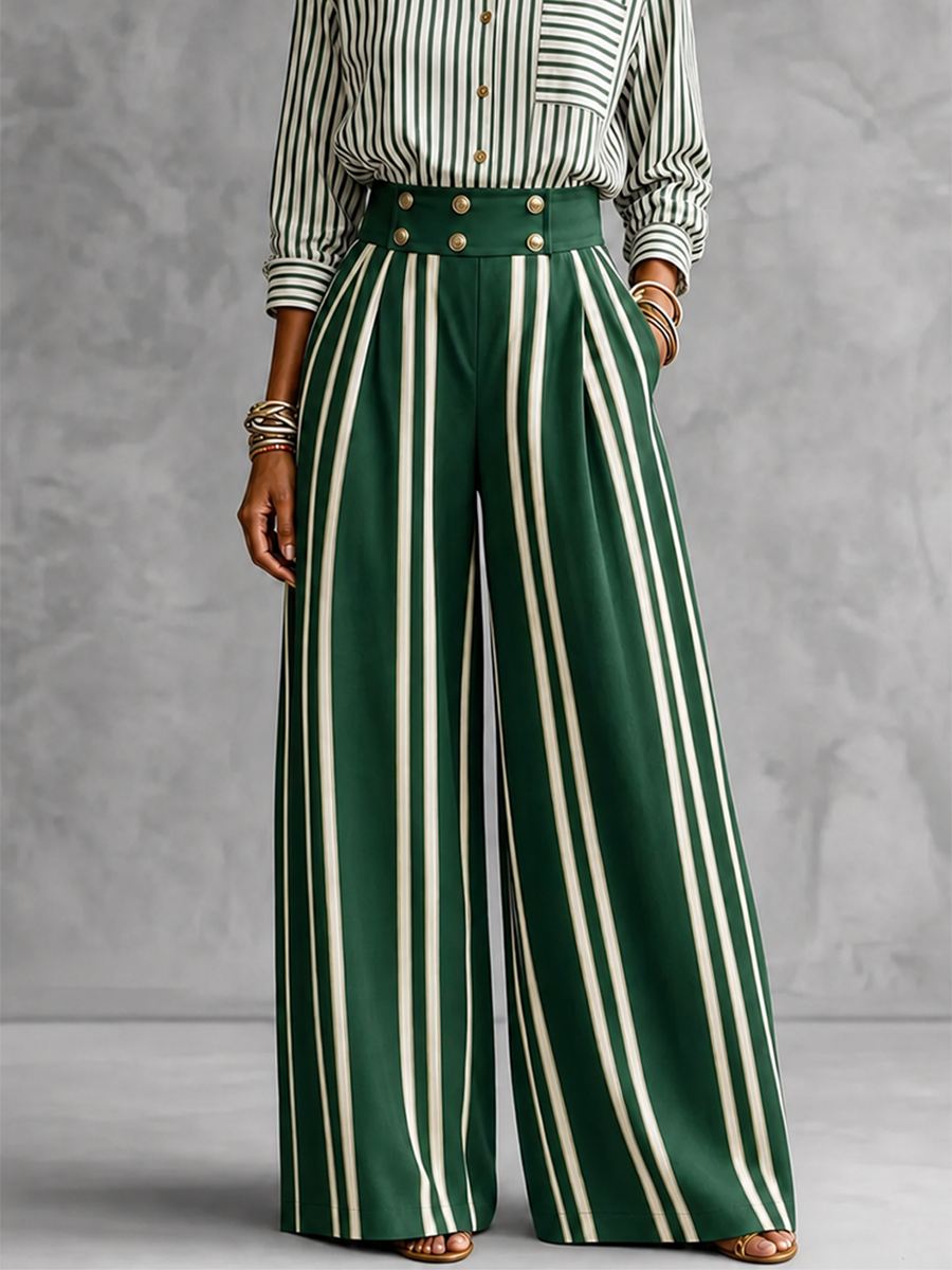 Striped Pockets Contrast Color Buttoned Wide Leg Loose Trousers Pants