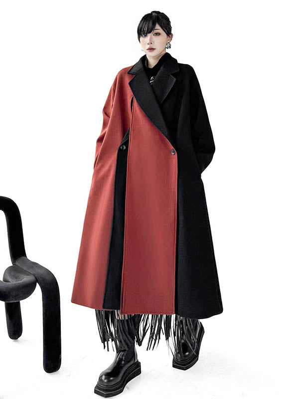 Irregularity Long Sleeves Buttoned Contrast Color Double-Breasted Split-Joint Tasseled Notched Collar Outerwear Overcoat