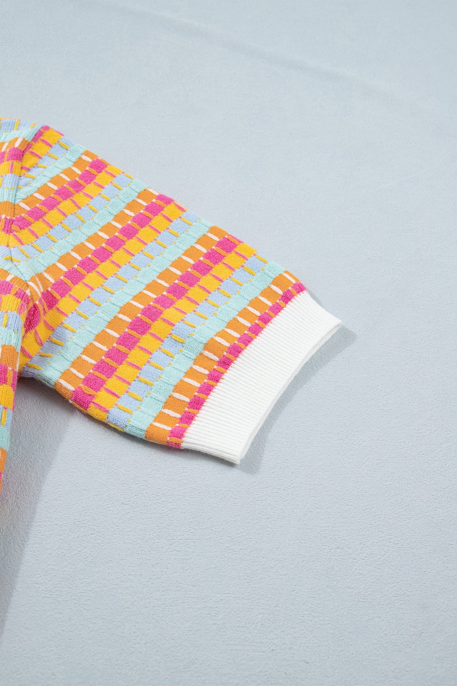 Rose Red Abstract Striped Knit Short Sleeve Sweater