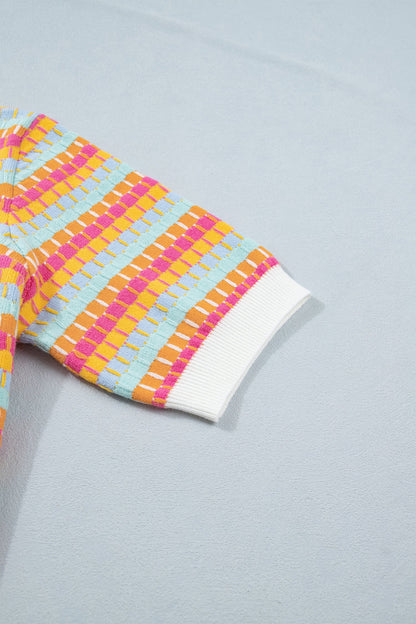 Rose Red Abstract Striped Knit Short Sleeve Sweater