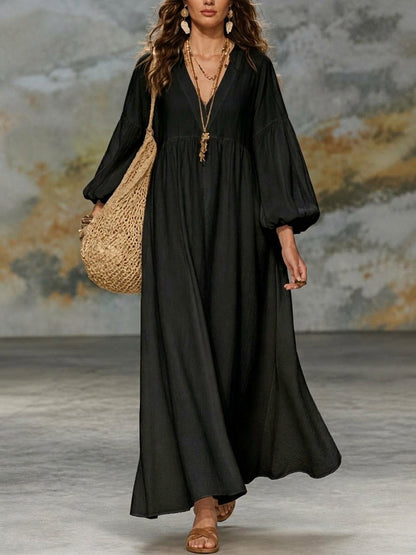 Solid Color Pleated Plus Size Loose V-neck Maxi Dresses