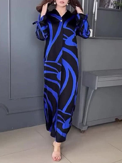Long Sleeves Loose Buttoned Contrast Color Printed Maxi Dresses Shirt Dress