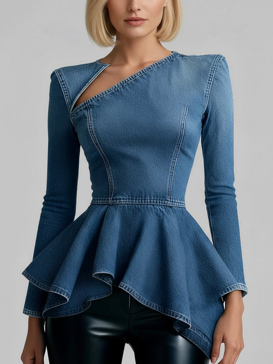 Elasticated Waist High Waisted Asymmetric Hollow Ruffled Split-Joint Collarless Blouses&Shirts Tops