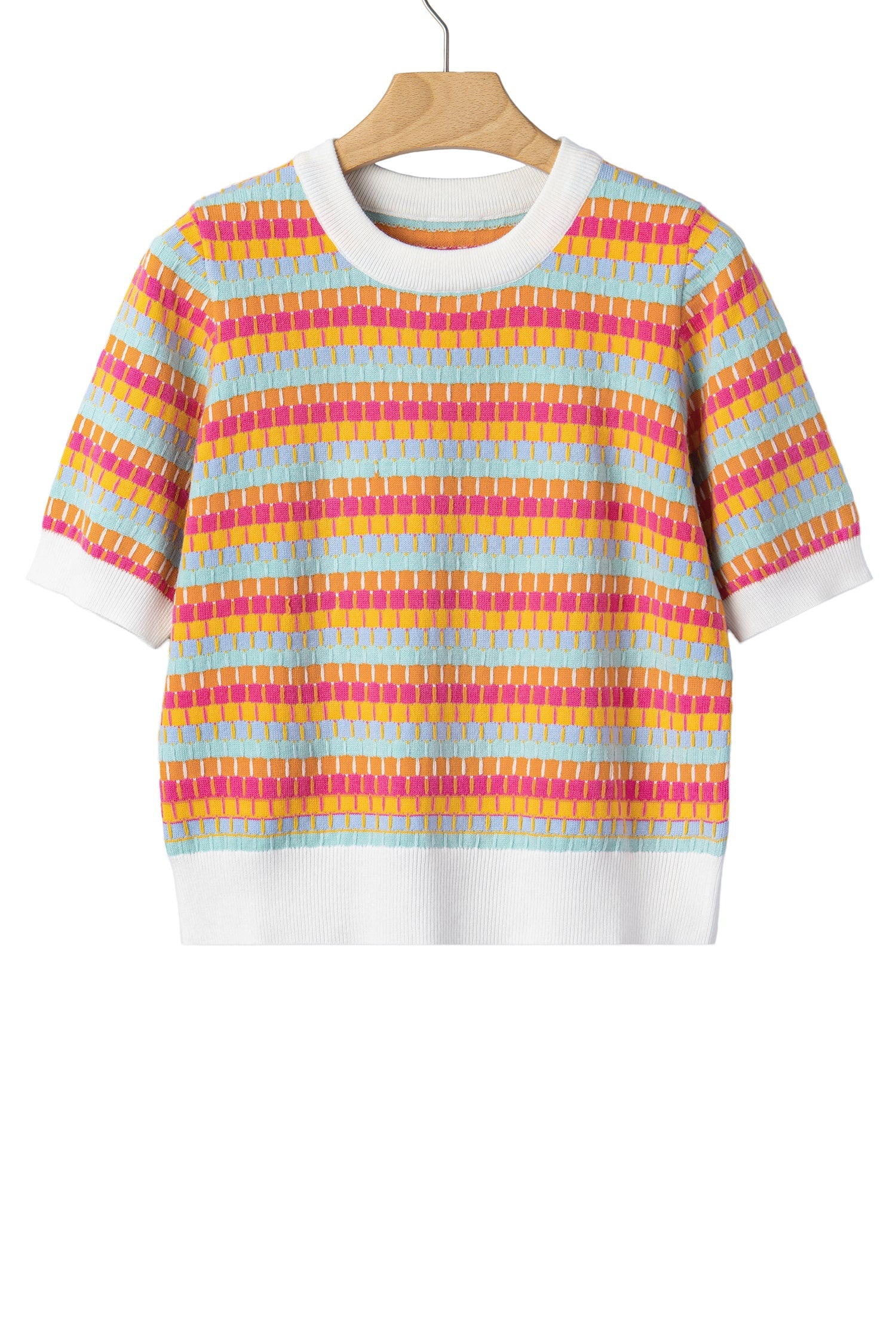 Rose Red Abstract Striped Knit Short Sleeve Sweater