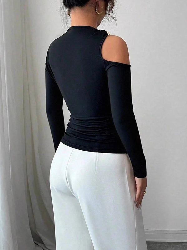 Long Sleeves Skinny Asymmetric Solid Color Asymmetric Neckline T-Shirts
