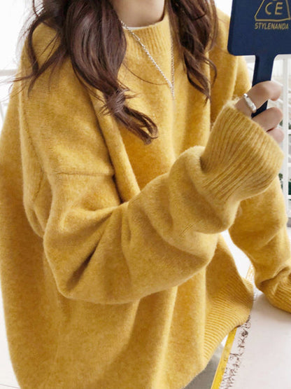 Simple Loose Long Sleeves Round-Neck Sweater Tops Pullovers