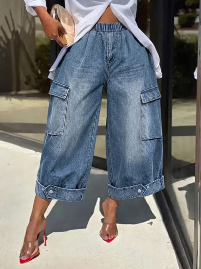 Solid Color Pockets Elasticity Buttoned Wide Leg Loose Jean Pants Bottoms Cropped Trousers