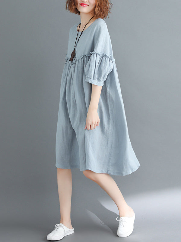 Künstlerisches Retro-Falbala-Midikleid in Volltonfarbe mit Falten 