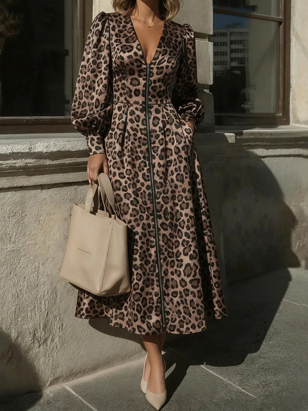 A-Line High Waisted Leopard Pleated Pockets Zipper V-Neck Maxi Dresses