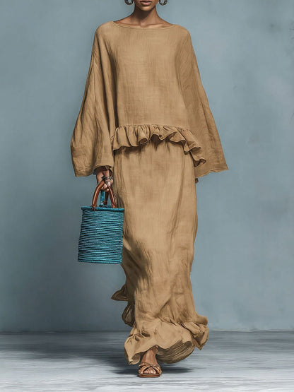Pleated Ruffled Solid Color Split-Joint Round-neck Long Sleeves Blouses&shirts Tops + High Waisted Skirts Bottoms Two Pieces Set